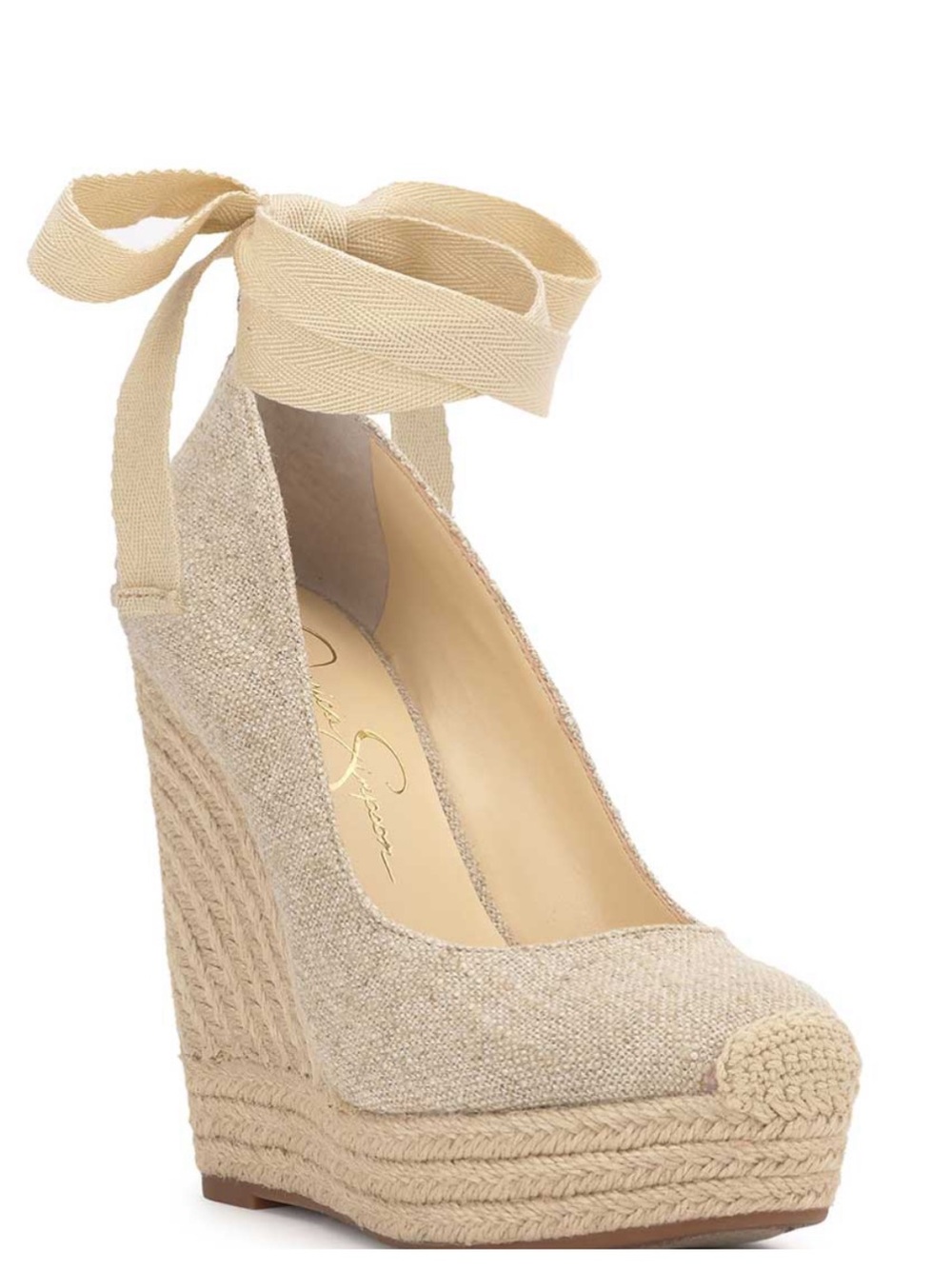 Tan linen beige lace tie up closed toe wedges